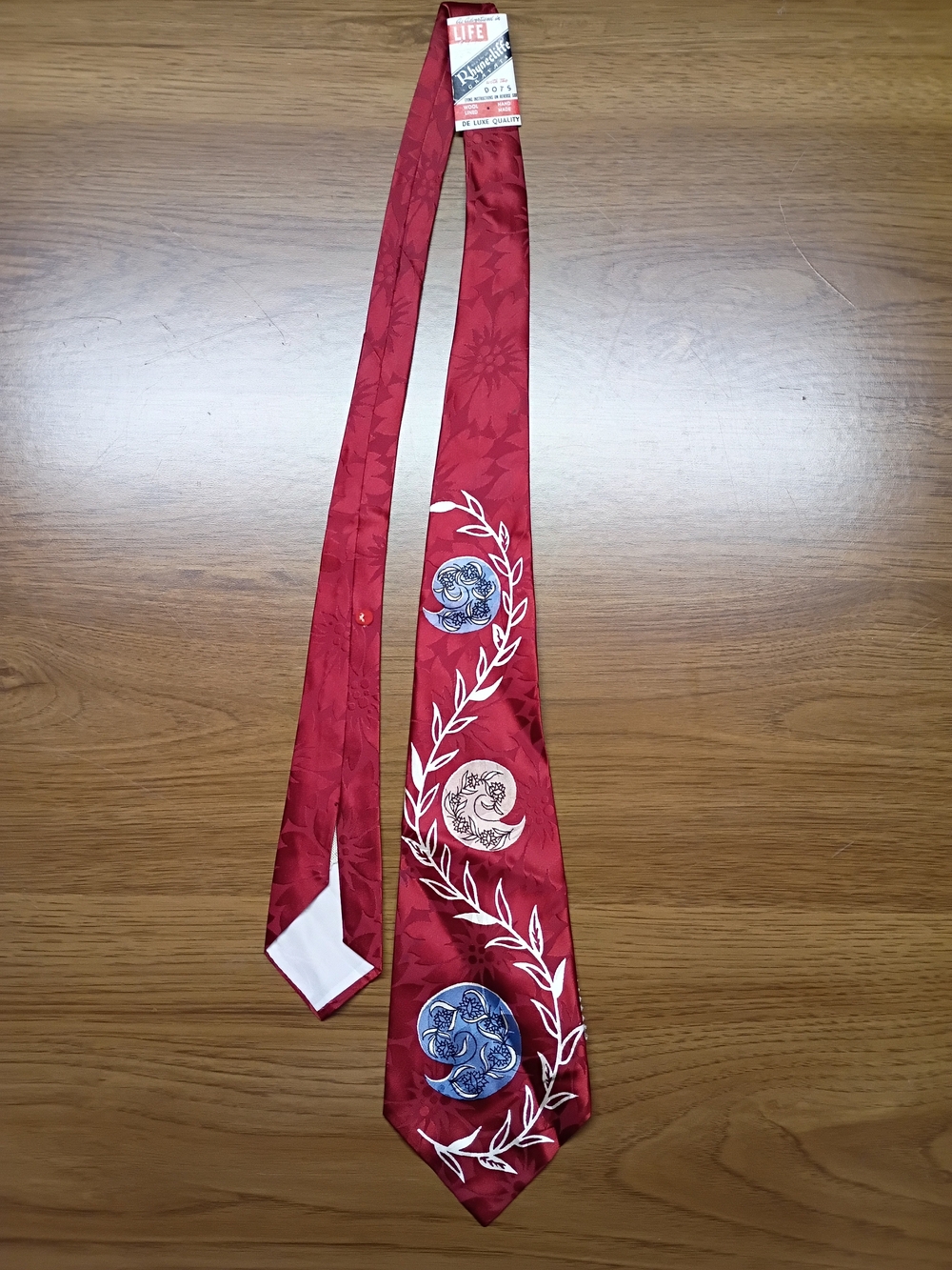 Vintage Red Silk Tie with Floral Crest Medallions